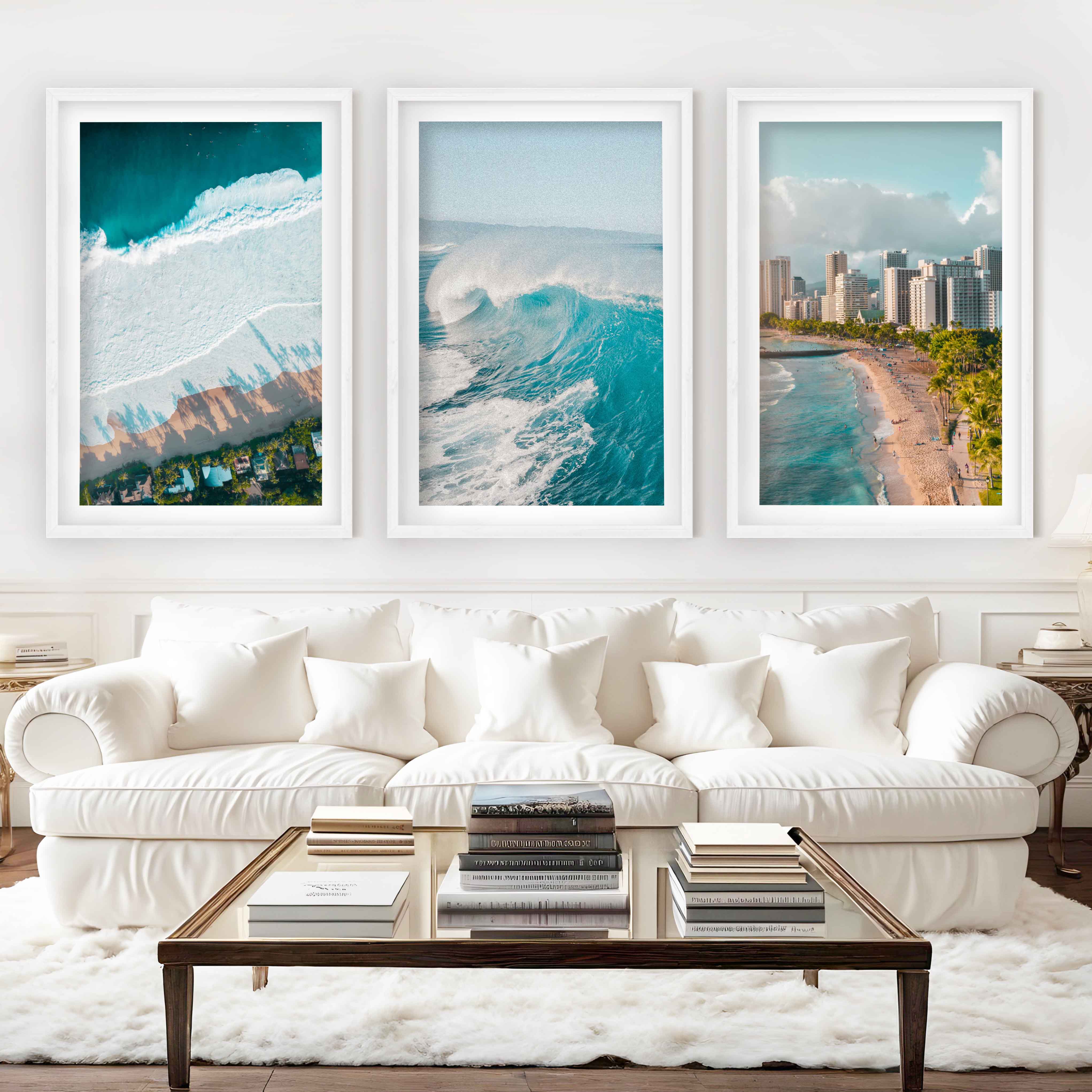Large Coastal Wall Art – City, Wave & Ocean Panorama (3 Pieces) - White Framed Poster with White Border - Artworksets