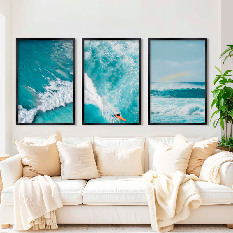 Large Coastal Wall Decor – Ocean Wave Print Set (3 Pieces) - Black Framed Poster No Border - Artworksets