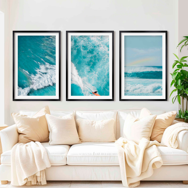 Large Coastal Wall Decor – Ocean Wave Print Set (3 Pieces) - Black Framed Poster with White Border - Artworksets