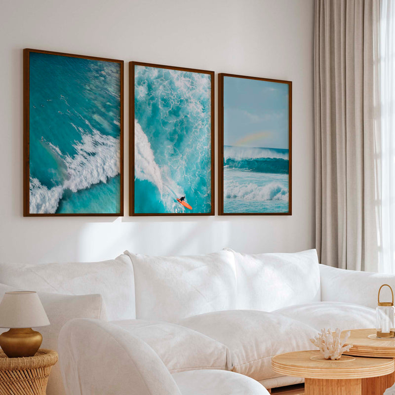 Large Coastal Wall Decor – Ocean Wave Print Set (3 Pieces) - Dark Brown Framed Poster No Border - Artworksets