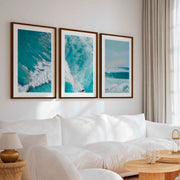 Large Coastal Wall Decor – Ocean Wave Print Set (3 Pieces) - Dark Brown Framed Poster with White Border - Artworksets