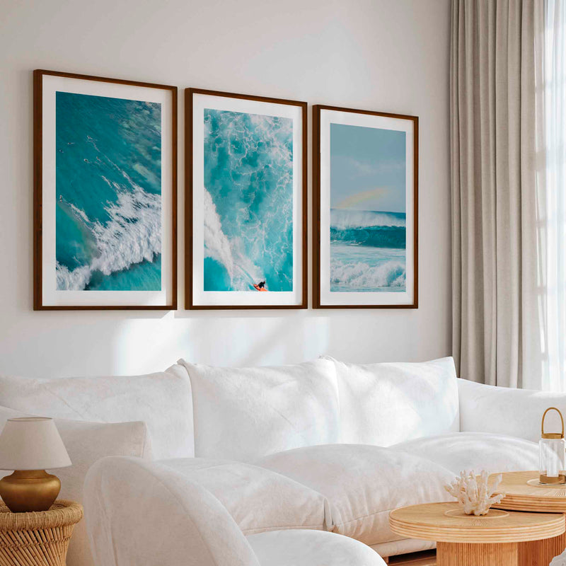 Large Coastal Wall Decor – Ocean Wave Print Set (3 Pieces) - Dark Brown Framed Poster with White Border - Artworksets