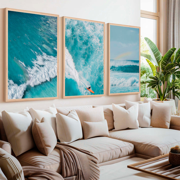 Large Coastal Wall Decor – Ocean Wave Print Set (3 Pieces) - Natural Wood Framed Poster No Border - Artworksets