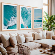Large Coastal Wall Decor – Ocean Wave Print Set (3 Pieces)- Natural Wood Framed Poster with White Border - Artworksets
