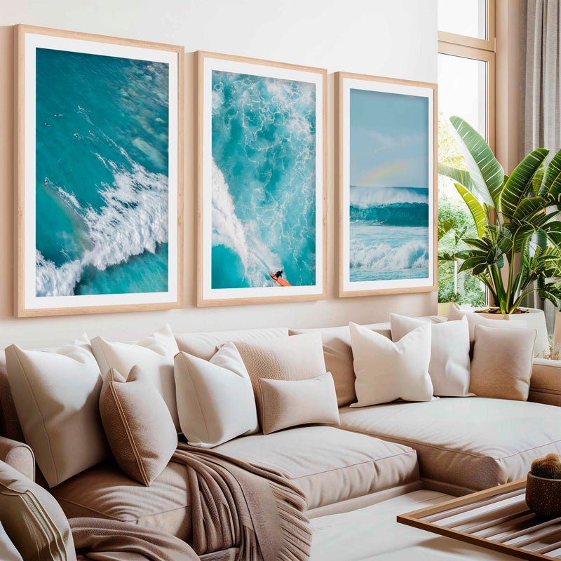 Large Coastal Wall Decor – Ocean Wave Print Set (3 Pieces)- Natural Wood Framed Poster with White Border - Artworksets