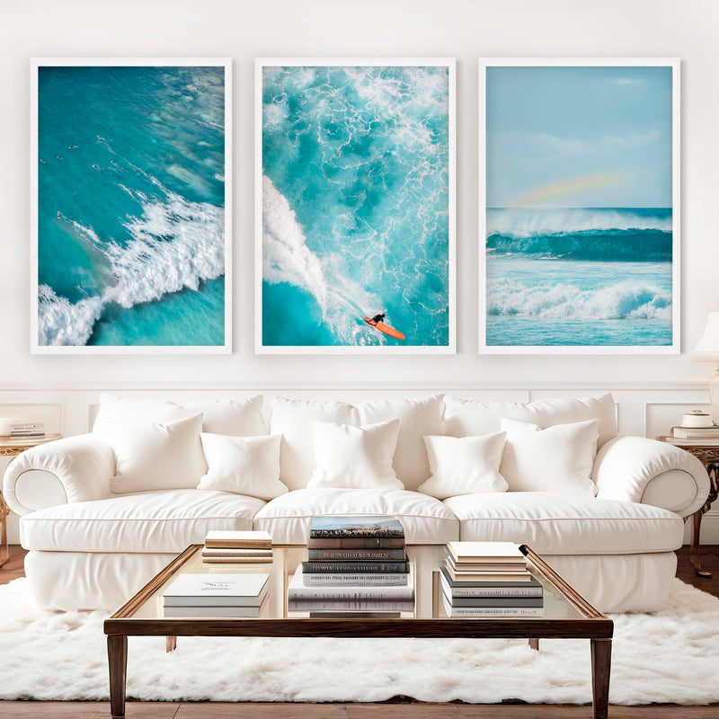 Large Coastal Wall Decor – Ocean Wave Print Set (3 Pieces) - White Framed Poster No Border - Artworksets