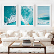 Large Coastal Wall Decor – Ocean Wave Print Set (3 Pieces) - White Framed Poster with White Border - Artworksets