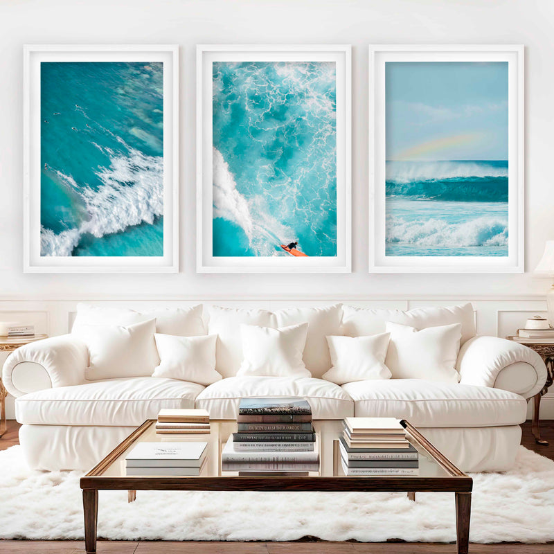 Large Coastal Wall Decor – Ocean Wave Print Set (3 Pieces) - White Framed Poster with White Border - Artworksets