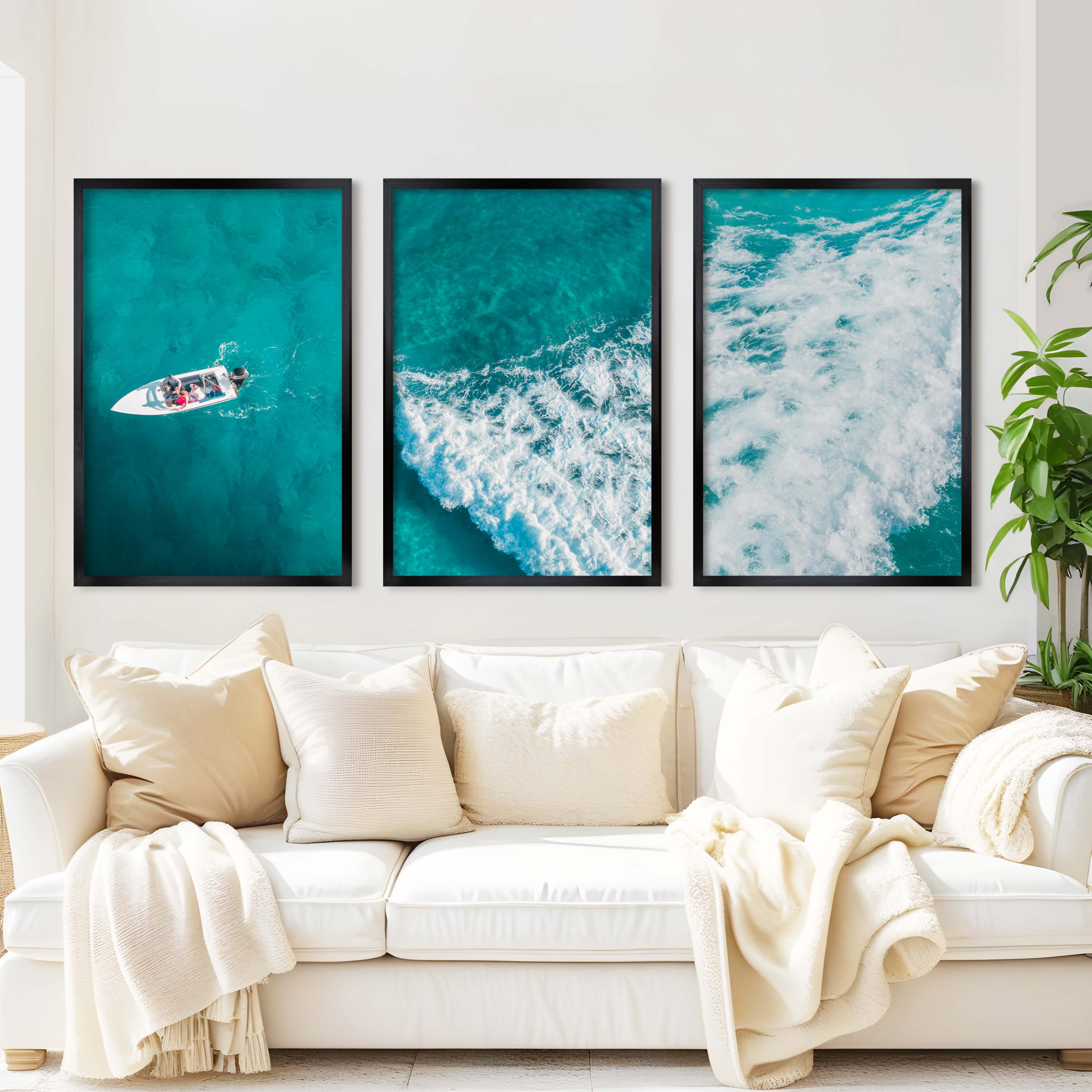 Large Nautical Wall Art – Ocean Wave & Boat Aerial Prints (Set of 3) - Black Framed Poster No Border - Artworksets