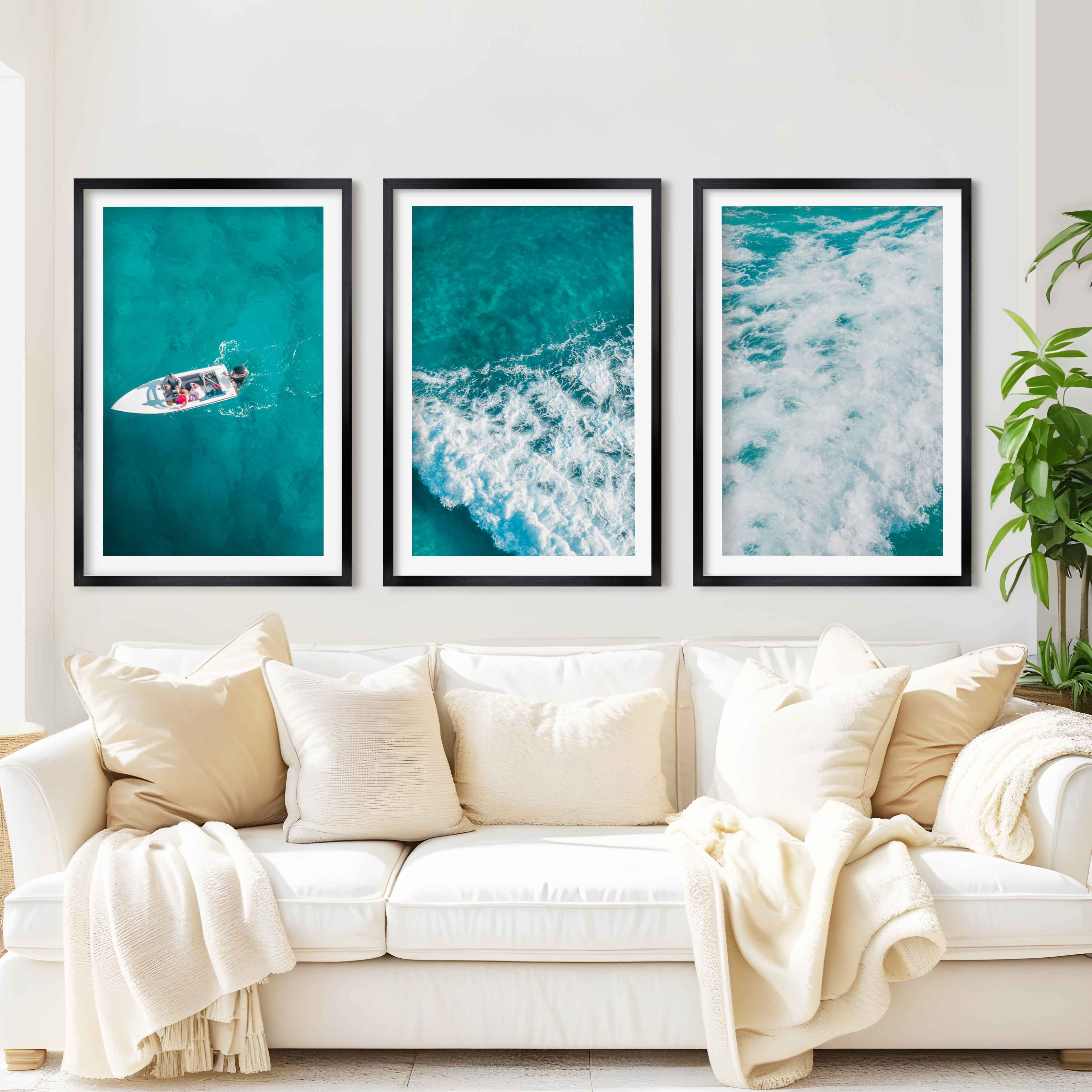 Large Nautical Wall Art – Ocean Wave & Boat Aerial Prints (Set of 3) - Black Framed Poster with White Border - Artworksets