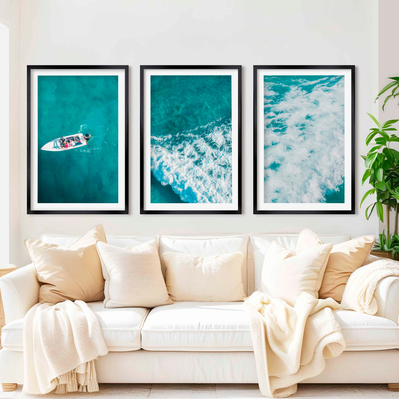 Large Nautical Wall Art – Ocean Wave & Boat Aerial Prints (Set of 3) - Black Framed Poster with White Border - Artworksets