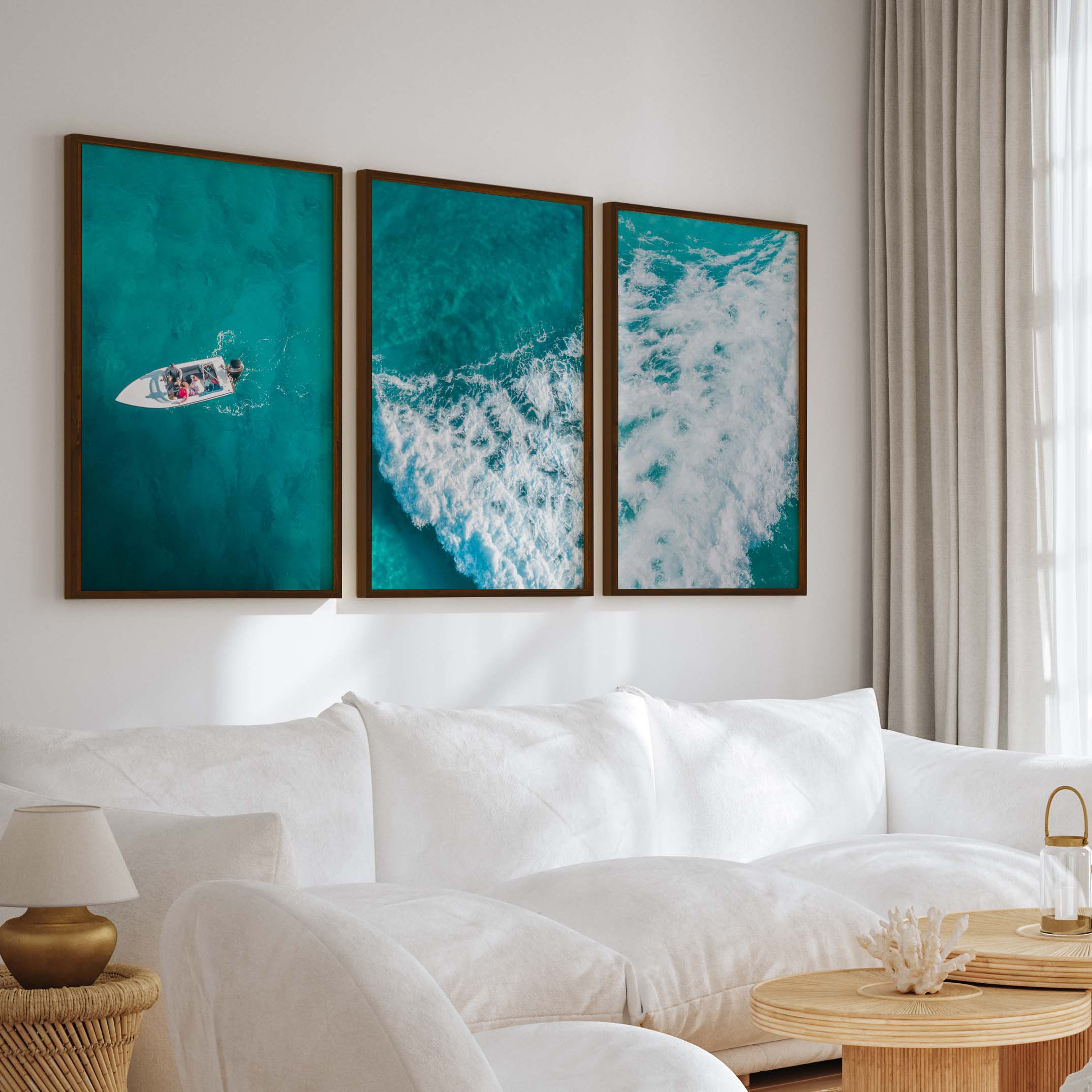 Large Nautical Wall Art – Ocean Wave & Boat Aerial Prints (Set of 3) - Dark Brown Framed Poster No Border - Artworksets
