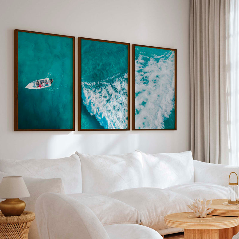 Large Nautical Wall Art – Ocean Wave & Boat Aerial Prints (Set of 3) - Dark Brown Framed Poster No Border - Artworksets