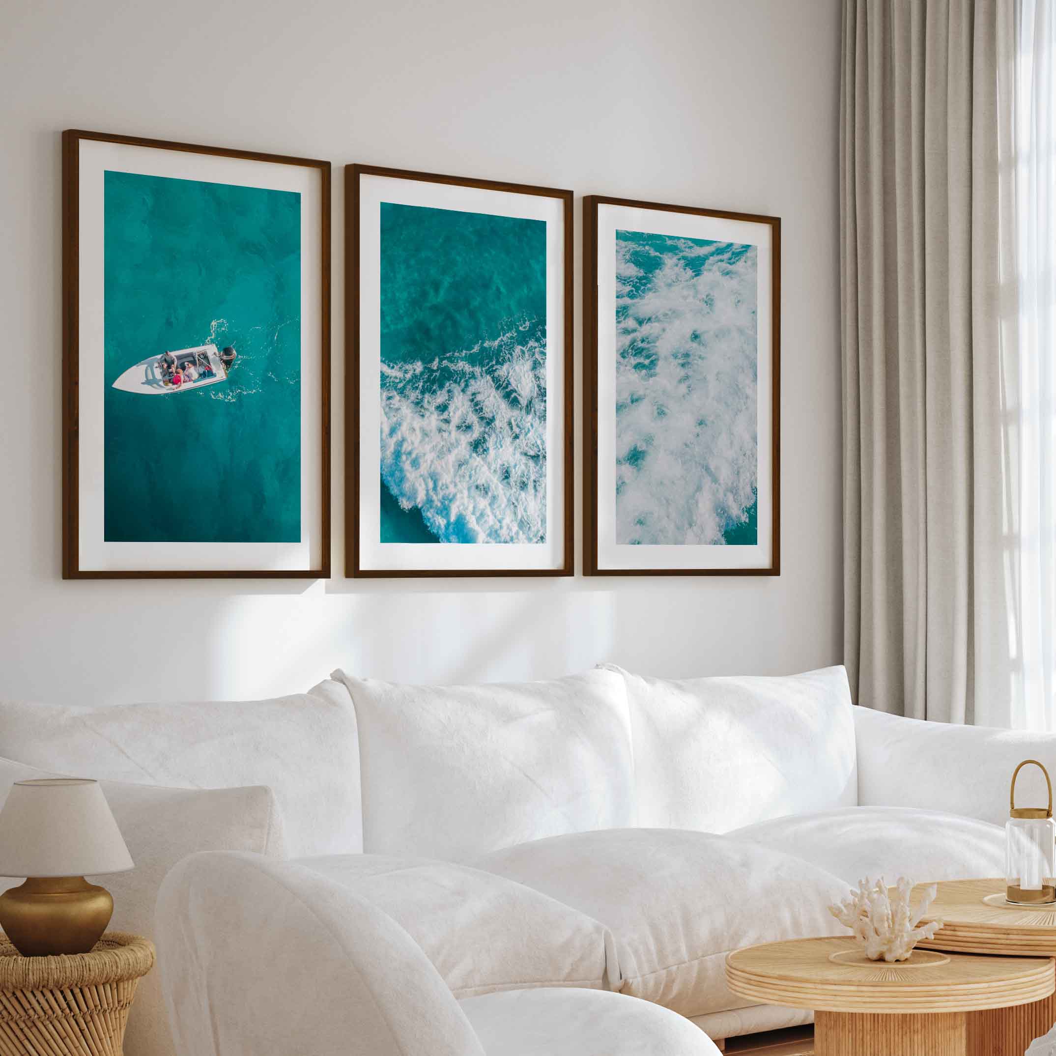 Large Nautical Wall Art – Ocean Wave & Boat Aerial Prints (Set of 3) - Dark Brown Framed Poster with White Border - Artworksets