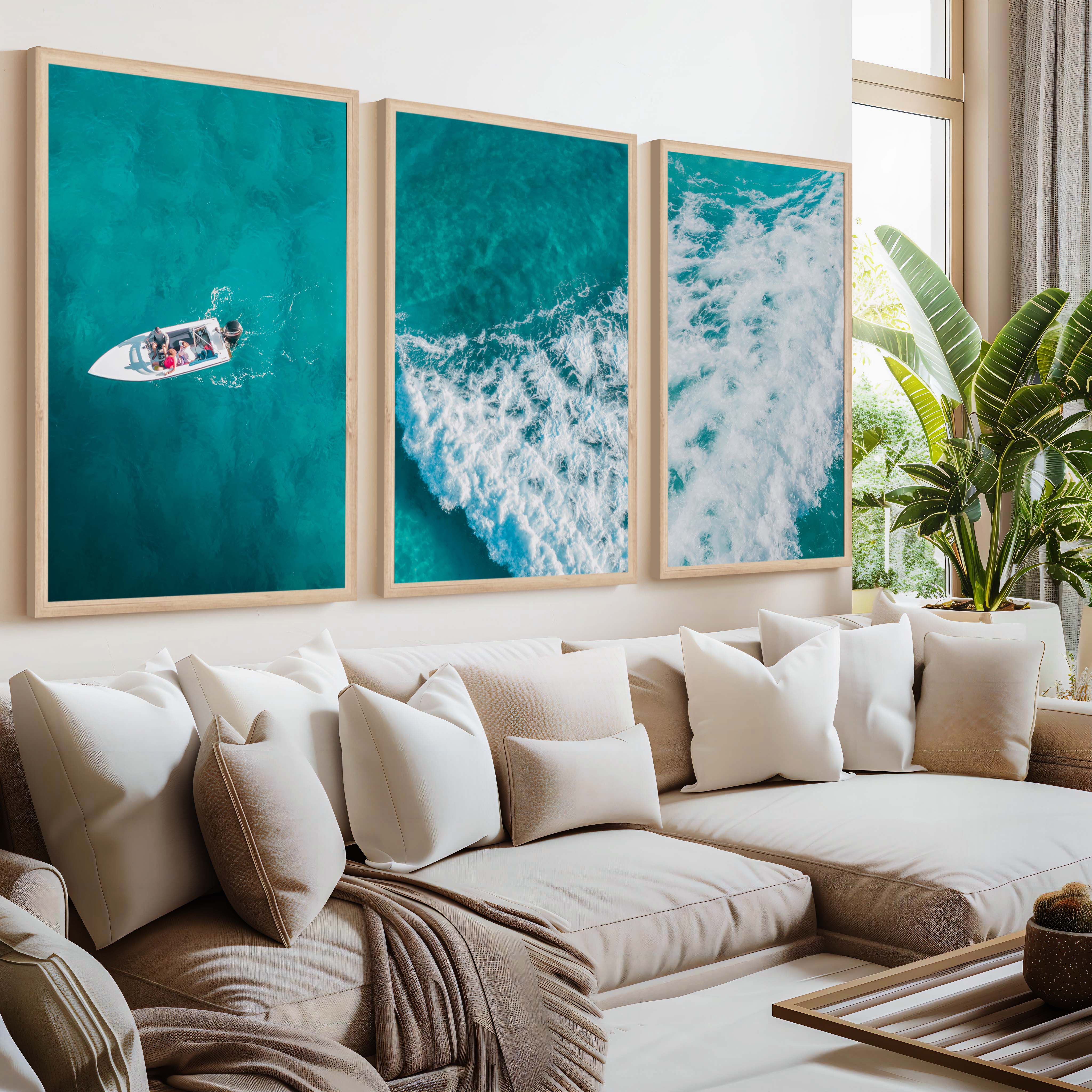 Large Nautical Wall Art – Ocean Wave & Boat Aerial Prints (Set of 3) - Natural Wood Framed Poster No Border - Artworksets