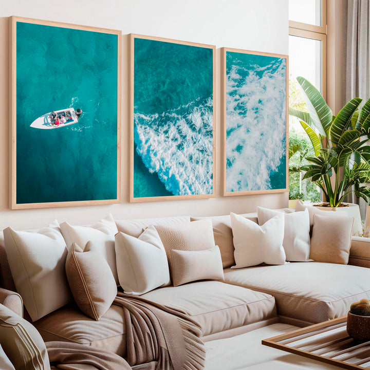 Large Nautical Wall Art – Ocean Wave & Boat Aerial Prints (Set of 3) - Natural Wood Framed Poster No Border - Artworksets