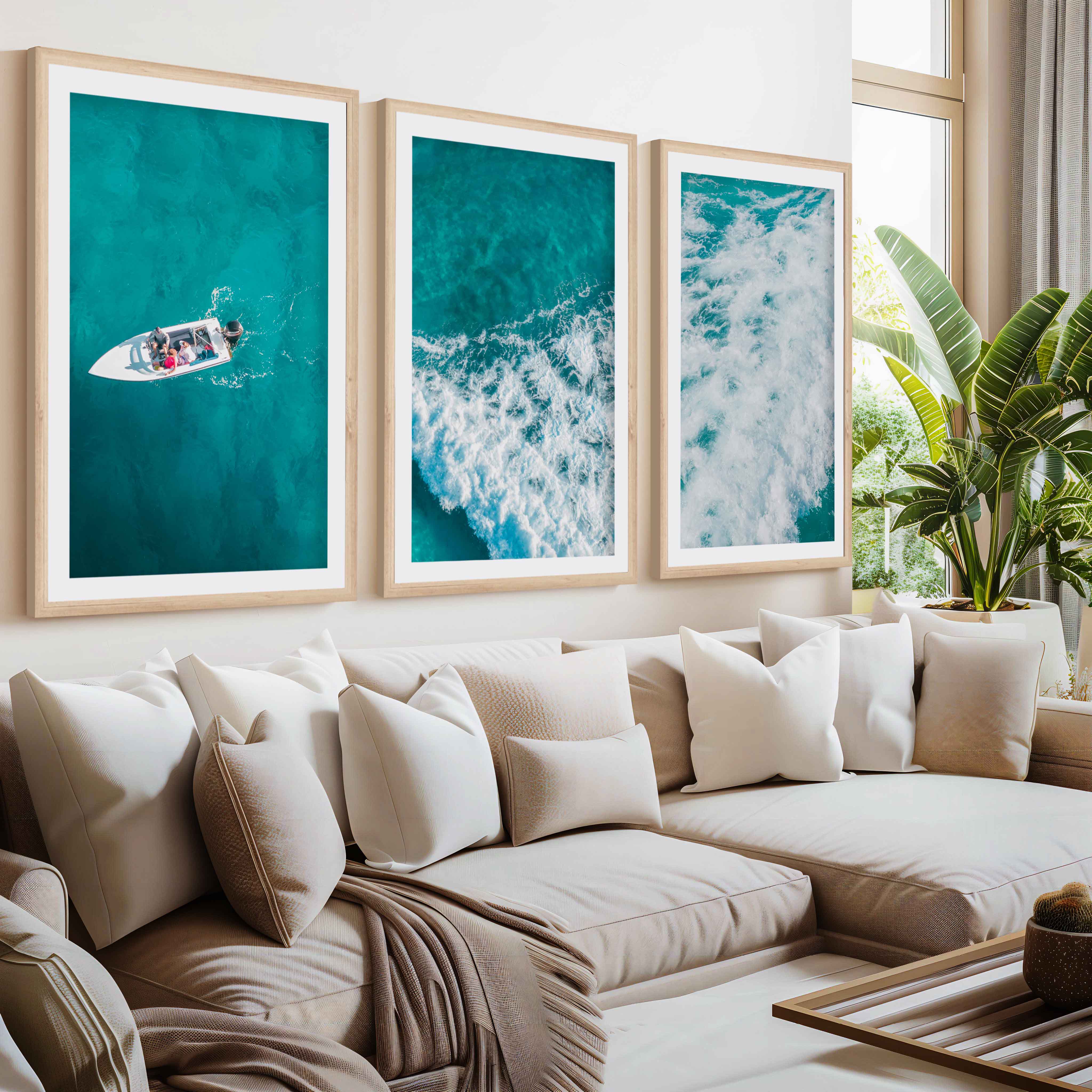 Large Nautical Wall Art – Ocean Wave & Boat Aerial Prints (Set of 3)- Natural Wood Framed Poster with White Border - Artworksets