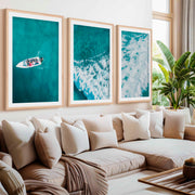 Large Nautical Wall Art – Ocean Wave & Boat Aerial Prints (Set of 3)- Natural Wood Framed Poster with White Border - Artworksets