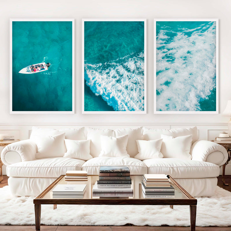 Large Nautical Wall Art – Ocean Wave & Boat Aerial Prints (Set of 3) - White Framed Poster No Border - Artworksets