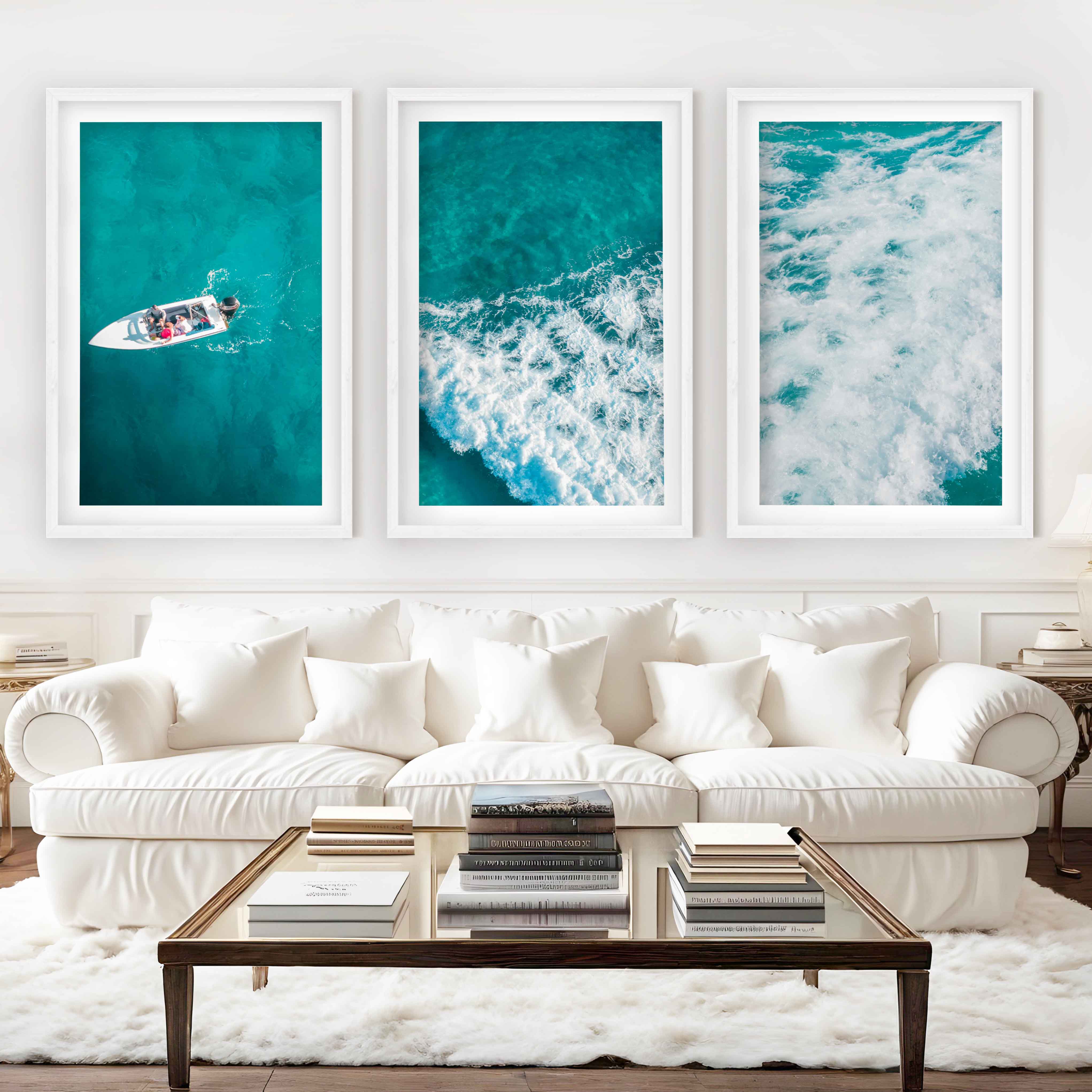 Large Nautical Wall Art – Ocean Wave & Boat Aerial Prints (Set of 3) - White Framed Poster with White Border - Artworksets