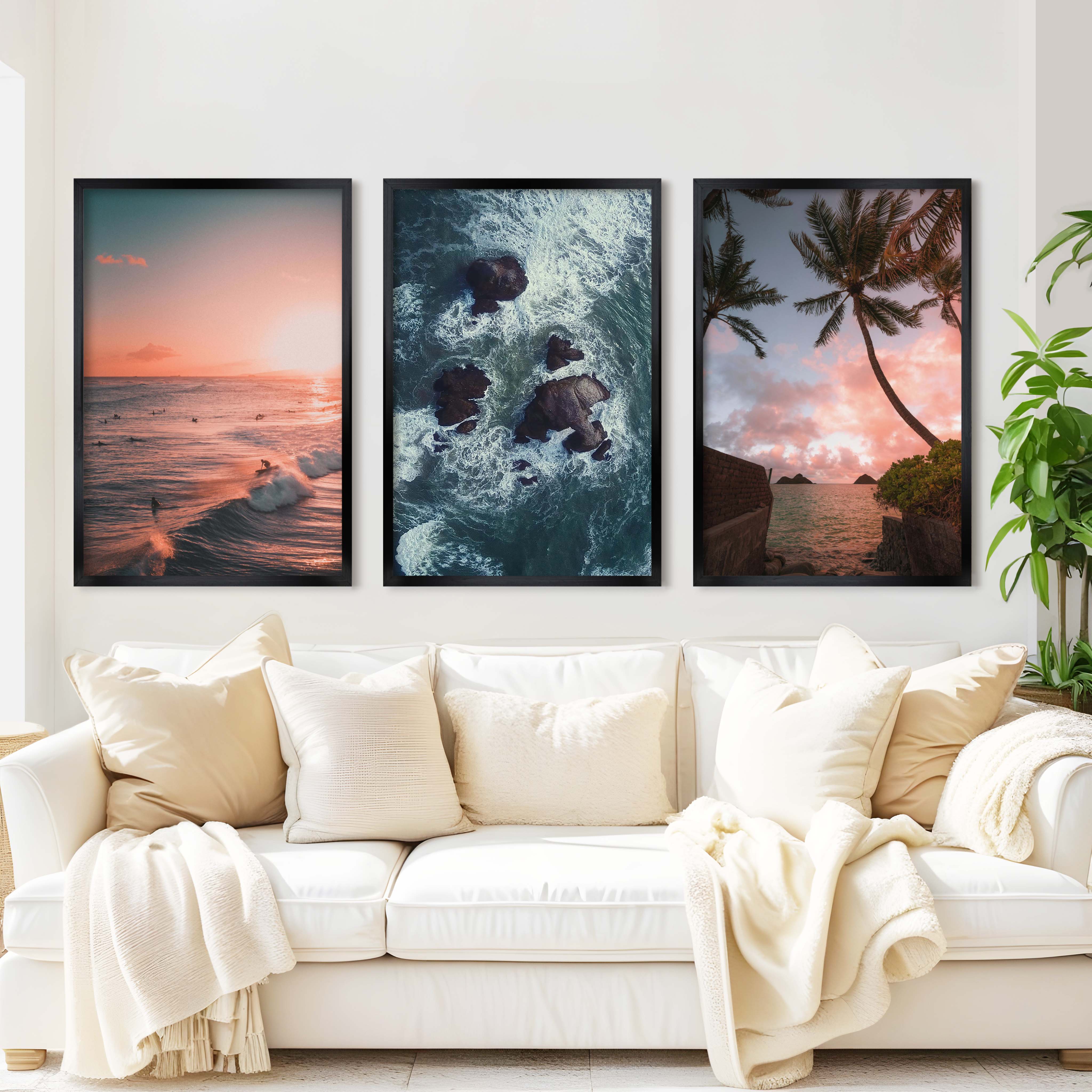 Large Picture Frame Set – Sunset, Palms & Coastal Rocks - Black Framed Poster No Border - Artworksets