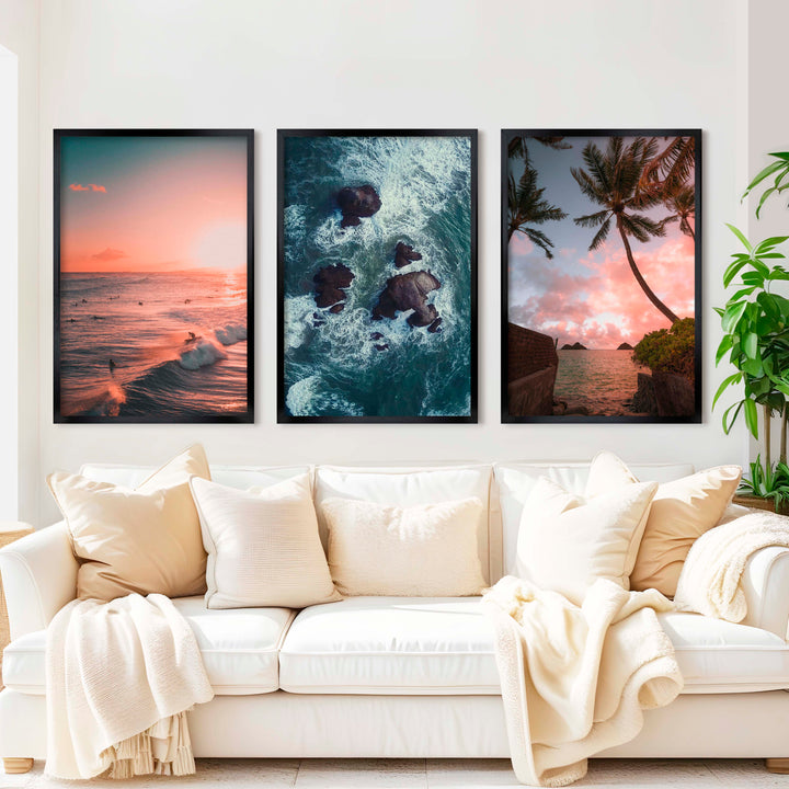 Large Picture Frame Set – Sunset, Palms & Coastal Rocks - Black Framed Poster No Border - Artworksets