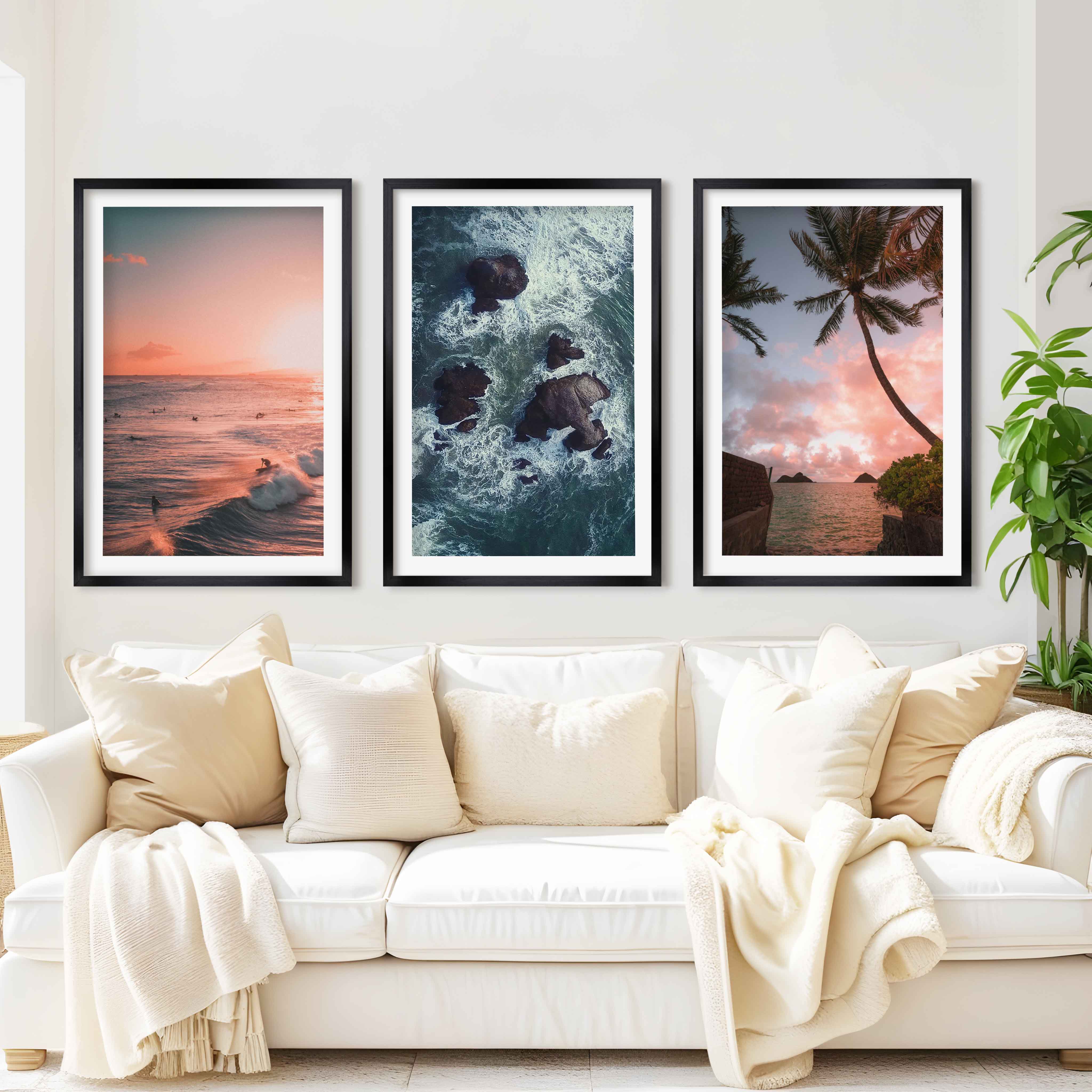 Large Picture Frame Set – Sunset, Palms & Coastal Rocks - Black Framed Poster with White Border - Artworksets