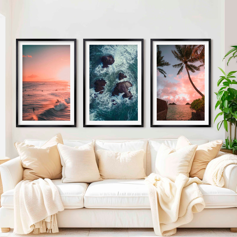 Large Picture Frame Set – Sunset, Palms & Coastal Rocks - Black Framed Poster with White Border - Artworksets