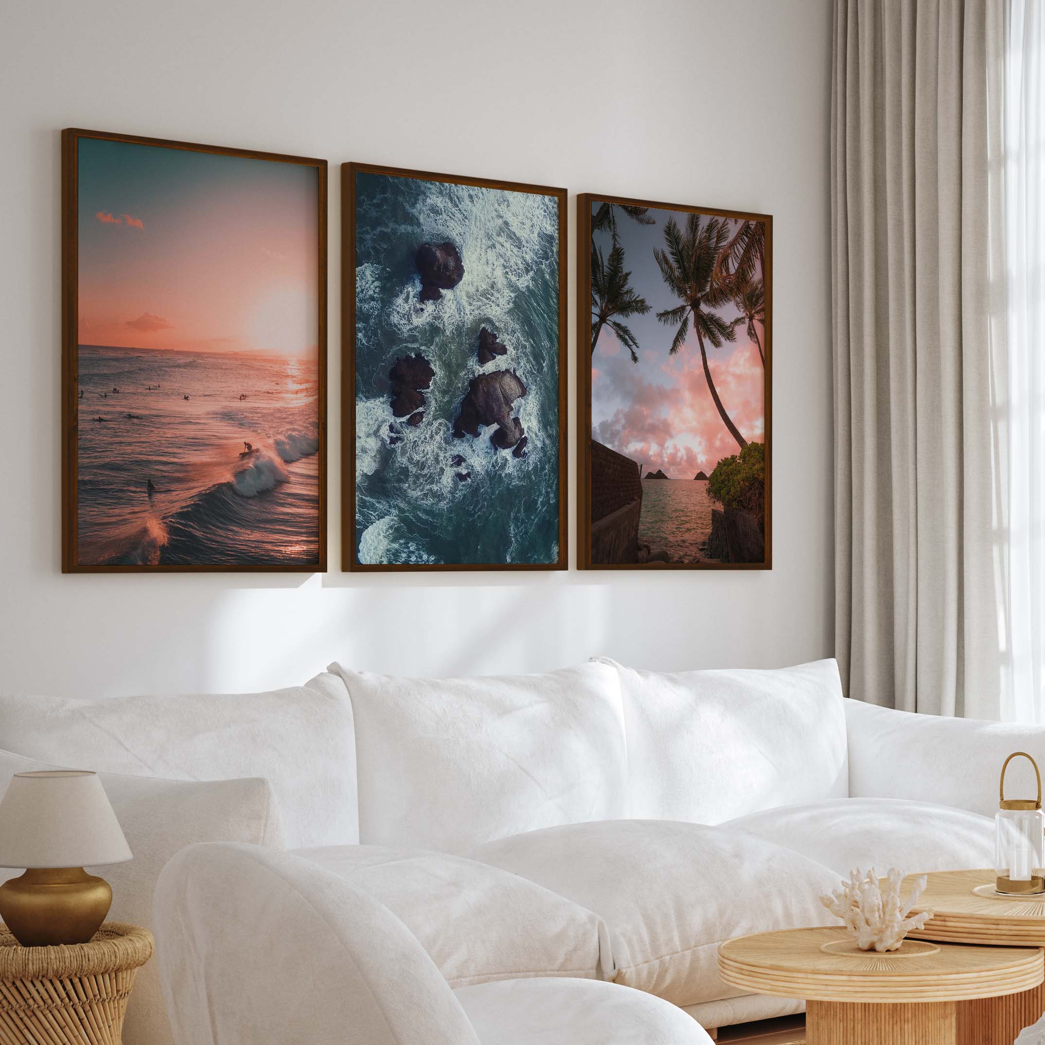 Large Picture Frame Set – Sunset, Palms & Coastal Rocks - Dark Brown Framed Poster No Border - Artworksets