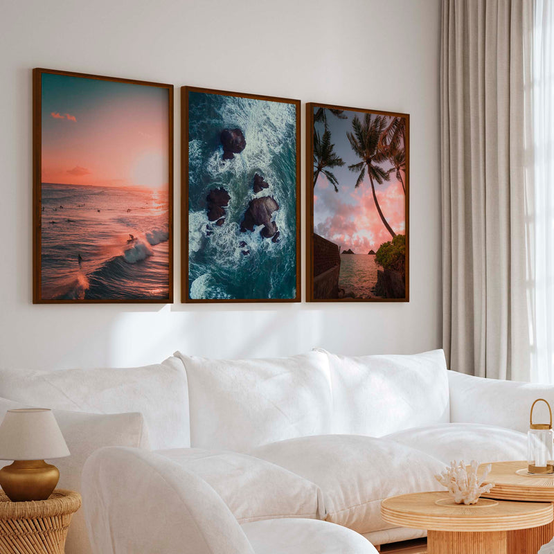 Large Picture Frame Set – Sunset, Palms & Coastal Rocks - Dark Brown Framed Poster No Border - Artworksets