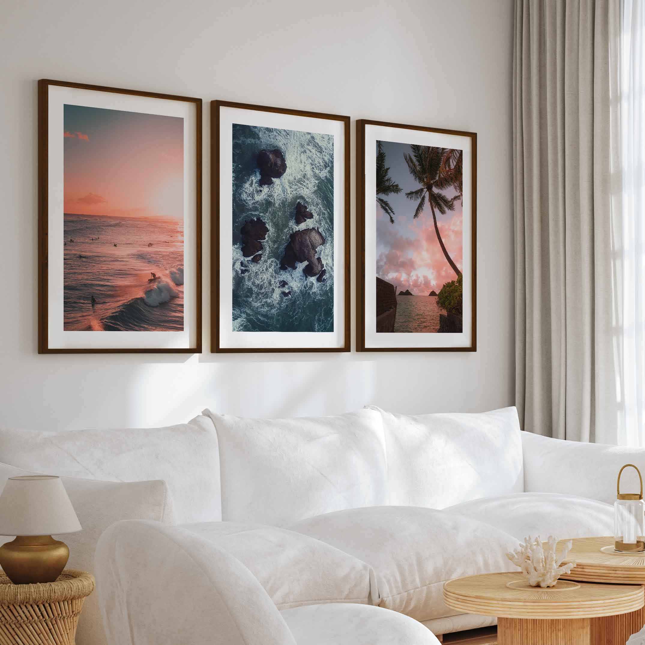 Large Picture Frame Set – Sunset, Palms & Coastal Rocks - Dark Brown Framed Poster with White Border - Artworksets