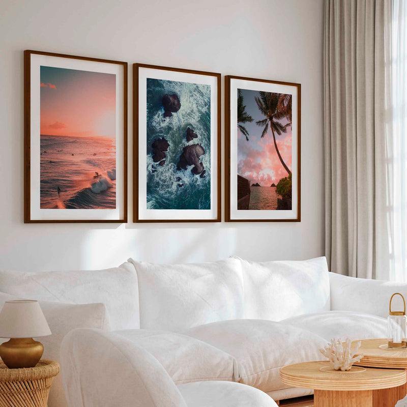 Large Picture Frame Set – Sunset, Palms & Coastal Rocks - Dark Brown Framed Poster with White Border - Artworksets