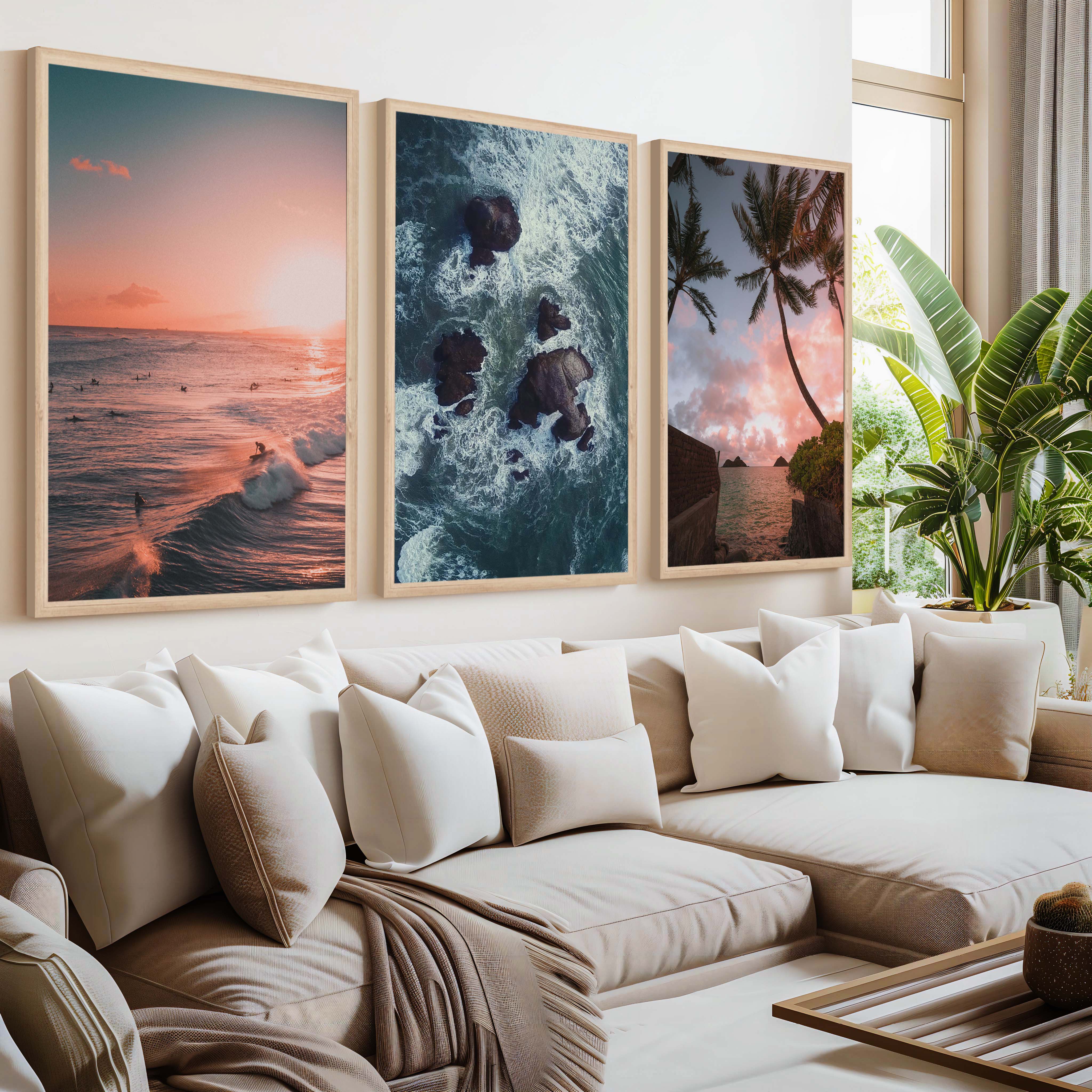 Large Picture Frame Set – Sunset, Palms & Coastal Rocks - Natural Wood Framed Poster No Border - Artworksets