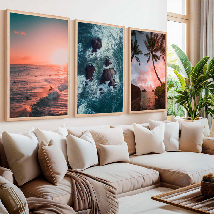 Large Picture Frame Set – Sunset, Palms & Coastal Rocks - Natural Wood Framed Poster No Border - Artworksets