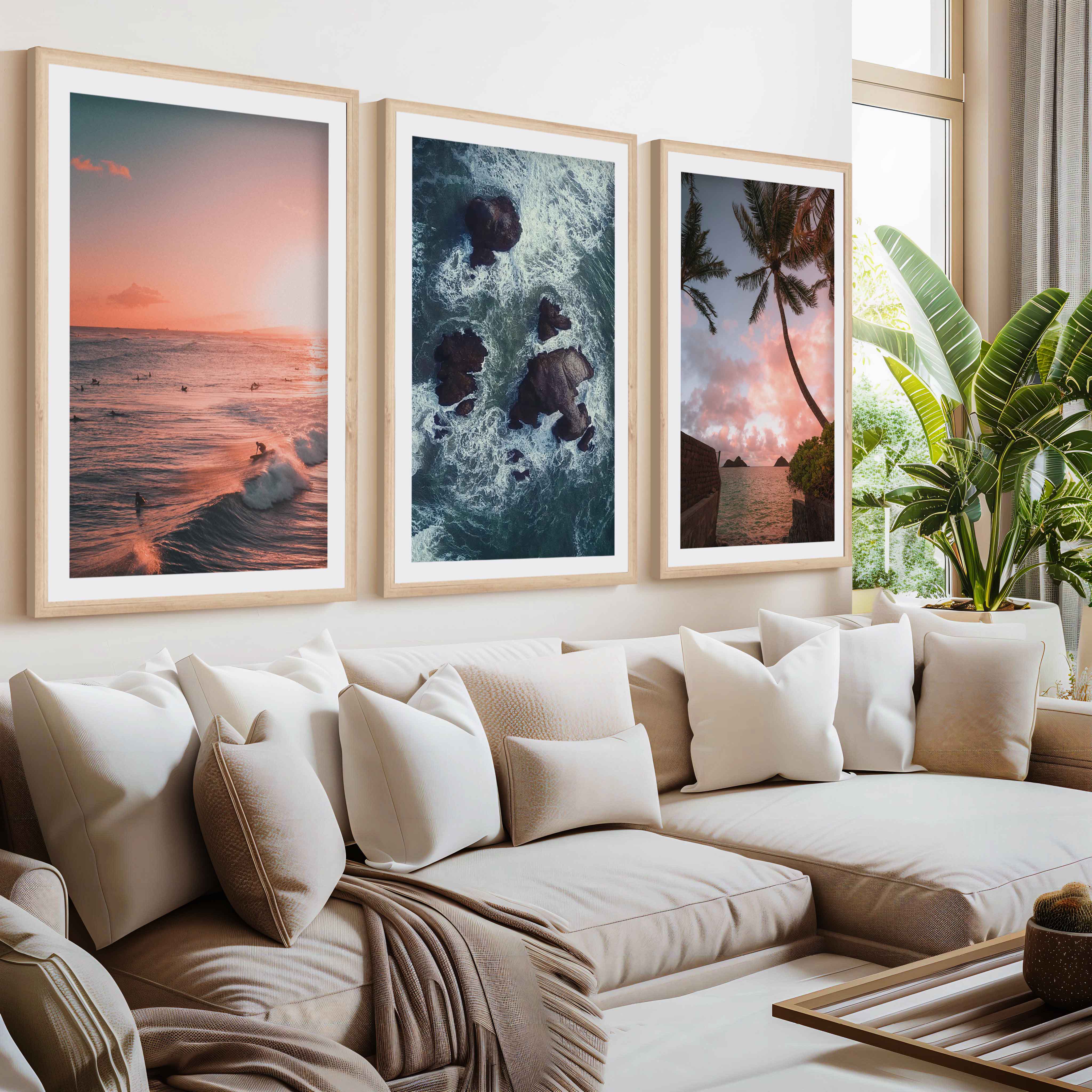 Large Picture Frame Set – Sunset, Palms & Coastal Rocks- Natural Wood Framed Poster with White Border - Artworksets