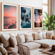 Large Picture Frame Set – Sunset, Palms & Coastal Rocks- Natural Wood Framed Poster with White Border - Artworksets