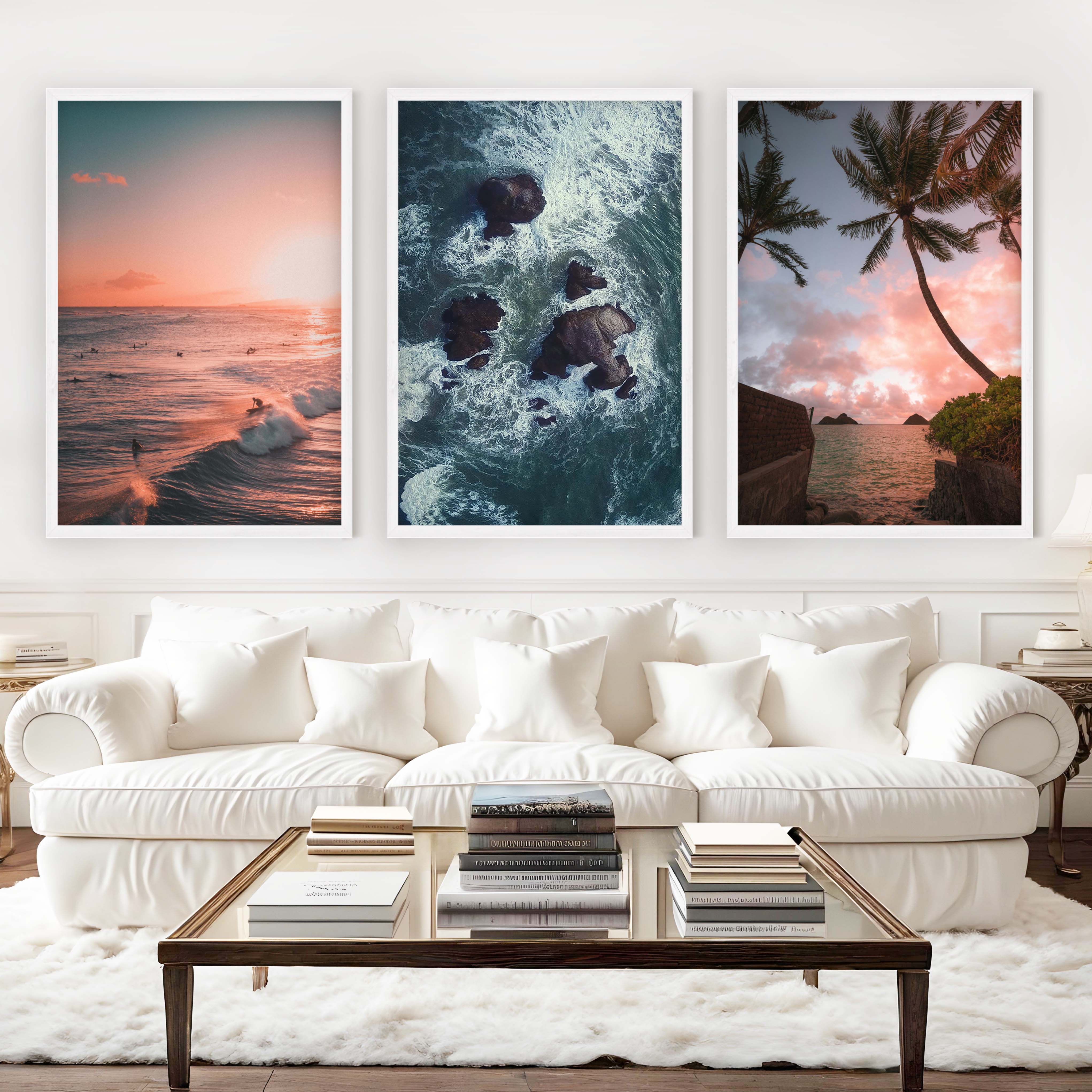 Large Picture Frame Set – Sunset, Palms & Coastal Rocks - White Framed Poster No Border - Artworksets