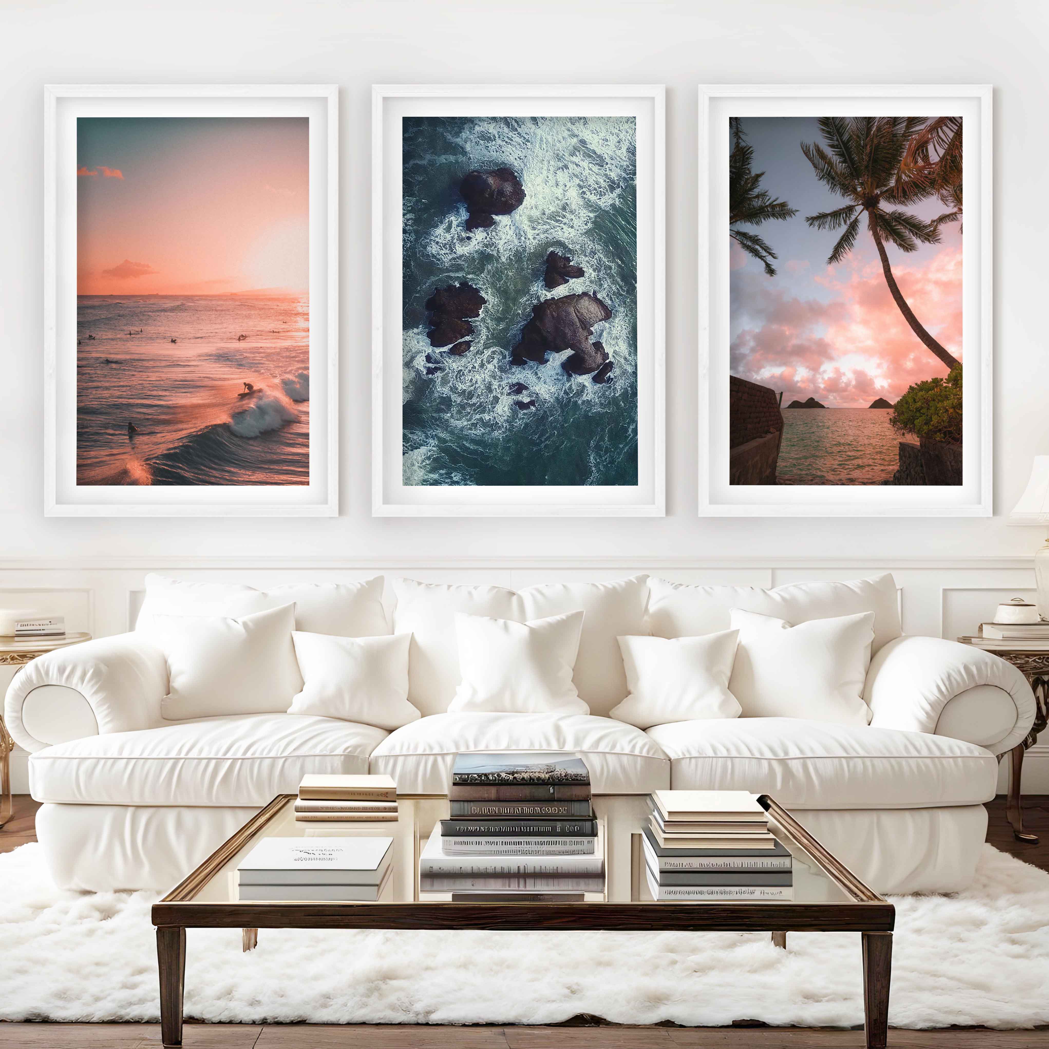 Large Picture Frame Set – Sunset, Palms & Coastal Rocks - White Framed Poster with White Border - Artworksets