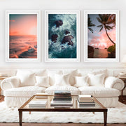 Large Picture Frame Set – Sunset, Palms & Coastal Rocks - White Framed Poster with White Border - Artworksets