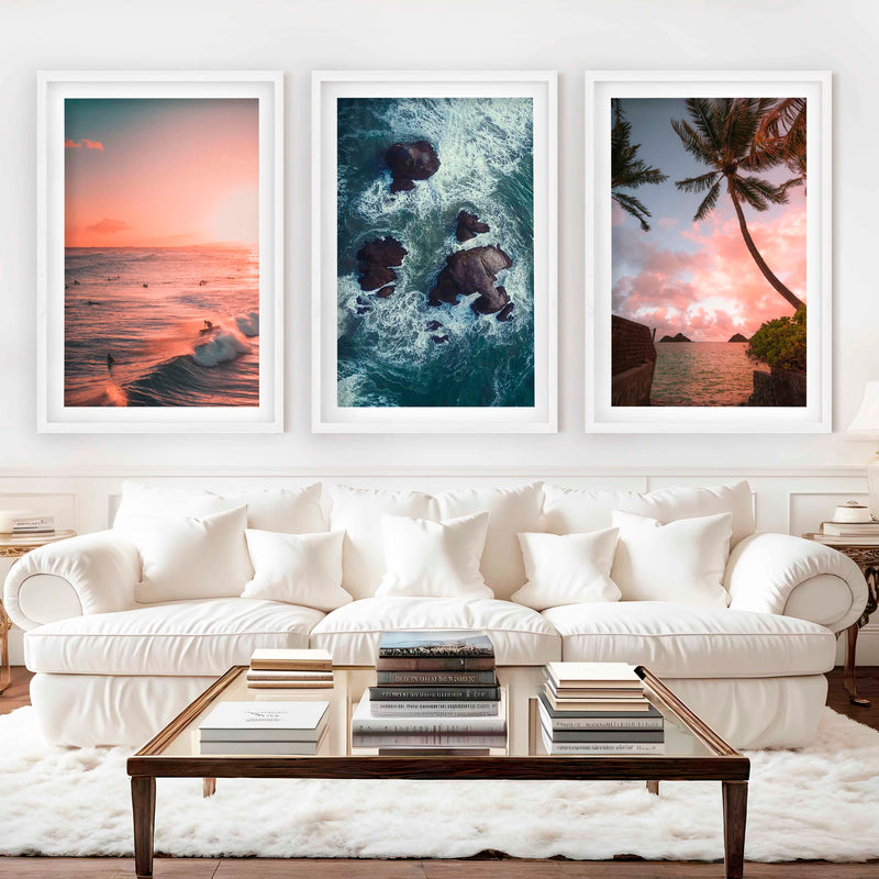 Large Picture Frame Set – Sunset, Palms & Coastal Rocks - White Framed Poster with White Border - Artworksets