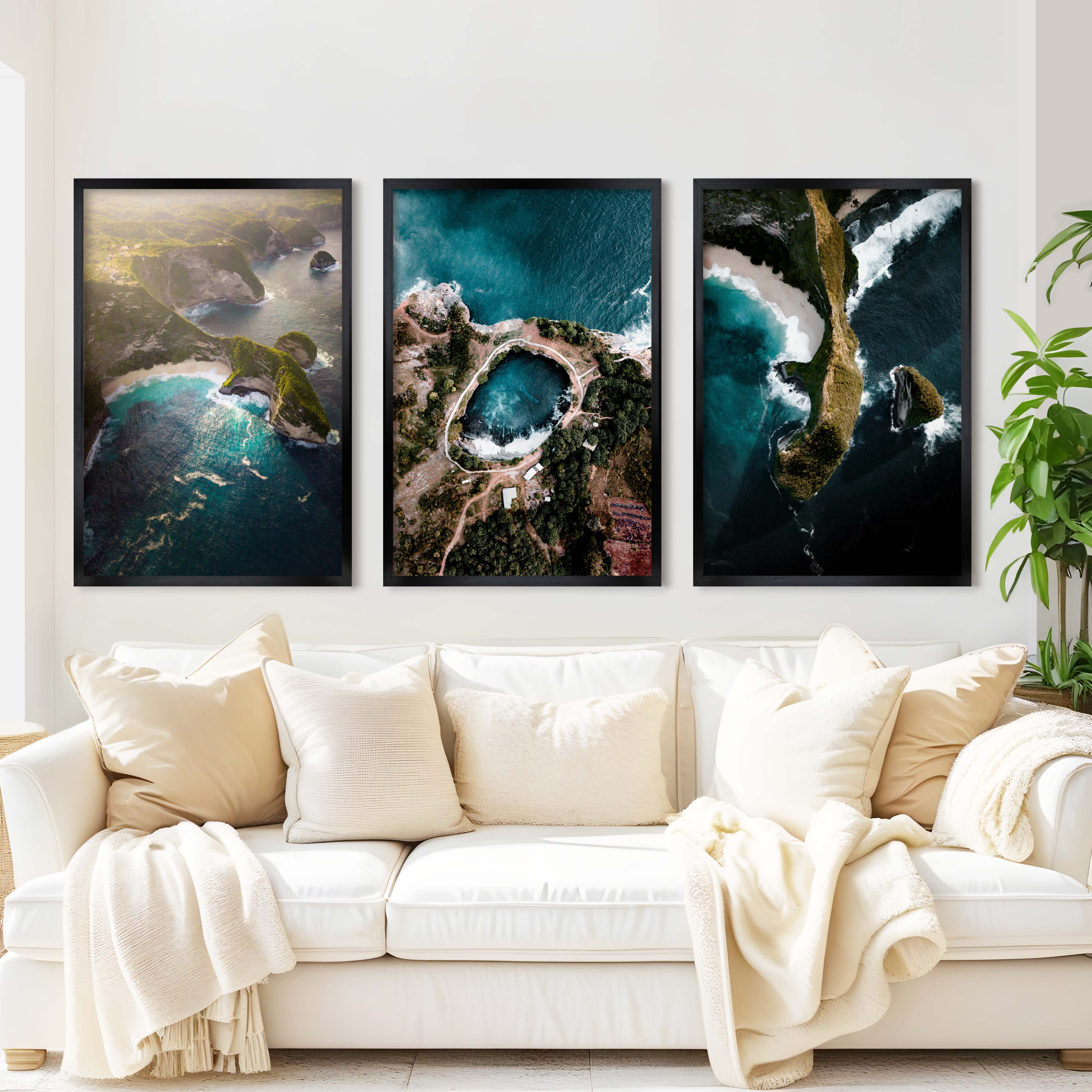 Large Three Piece Wall Art – Aerial View of Coast, Ocean & Lake - Black Framed Poster No Border - Artworksets