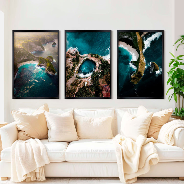 Large Three Piece Wall Art – Aerial View of Coast, Ocean & Lake - Black Framed Poster No Border - Artworksets