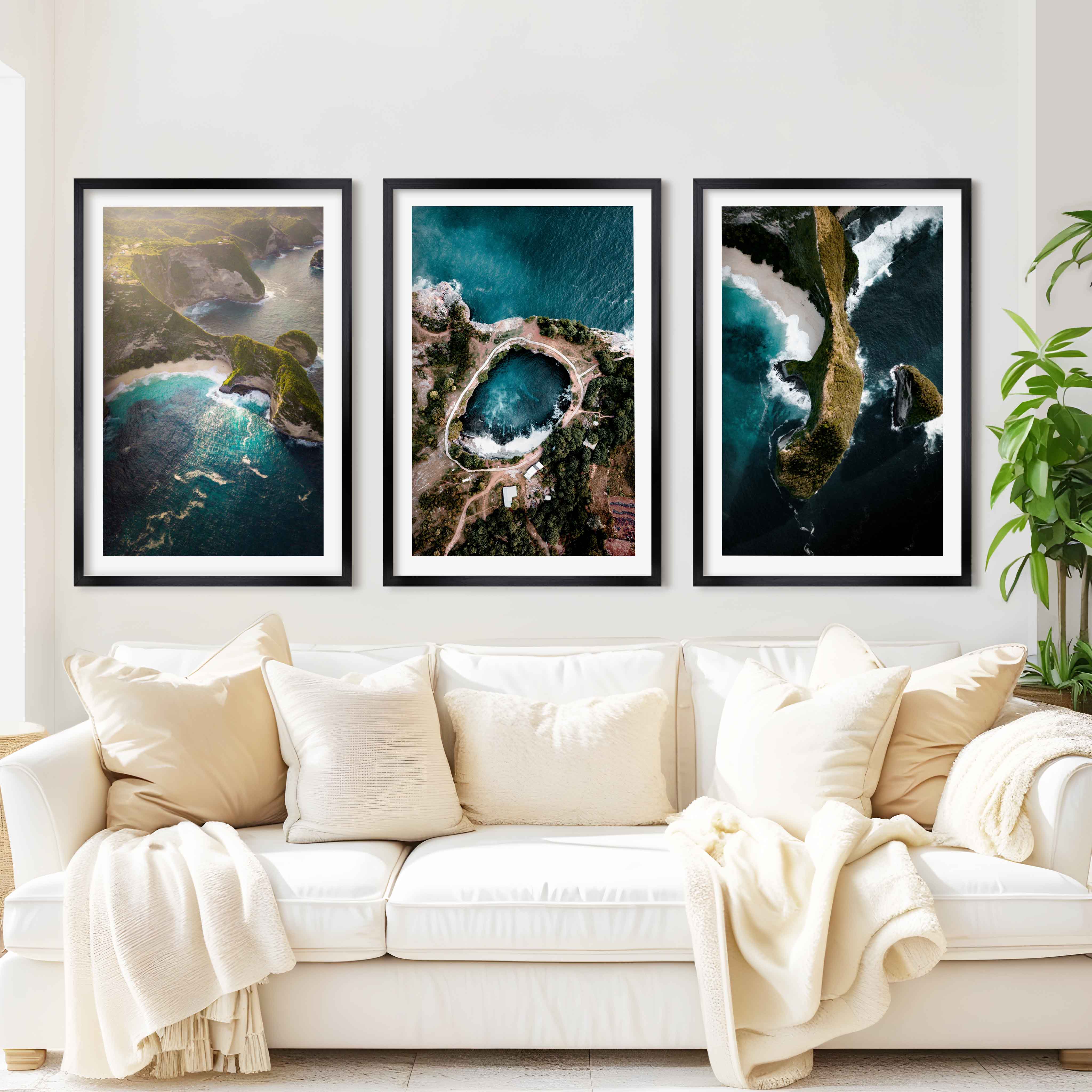 Large Three Piece Wall Art – Aerial View of Coast, Ocean & Lake - Black Framed Poster with White Border - Artworksets