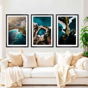 Large Three Piece Wall Art – Aerial View of Coast, Ocean & Lake - Black Framed Poster with White Border - Artworksets