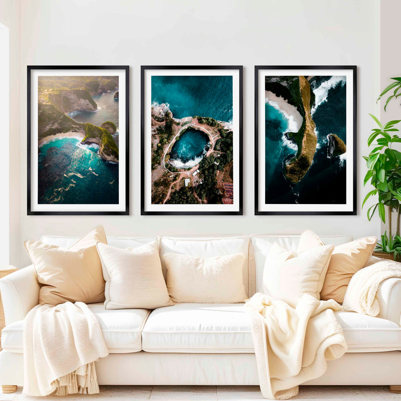 Large Three Piece Wall Art – Aerial View of Coast, Ocean & Lake - Black Framed Poster with White Border - Artworksets