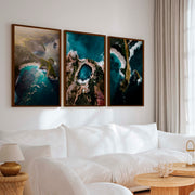 Large Three Piece Wall Art – Aerial View of Coast, Ocean & Lake - Dark Brown Framed Poster No Border - Artworksets