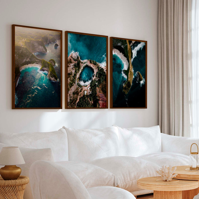 Large Three Piece Wall Art – Aerial View of Coast, Ocean & Lake - Dark Brown Framed Poster No Border - Artworksets