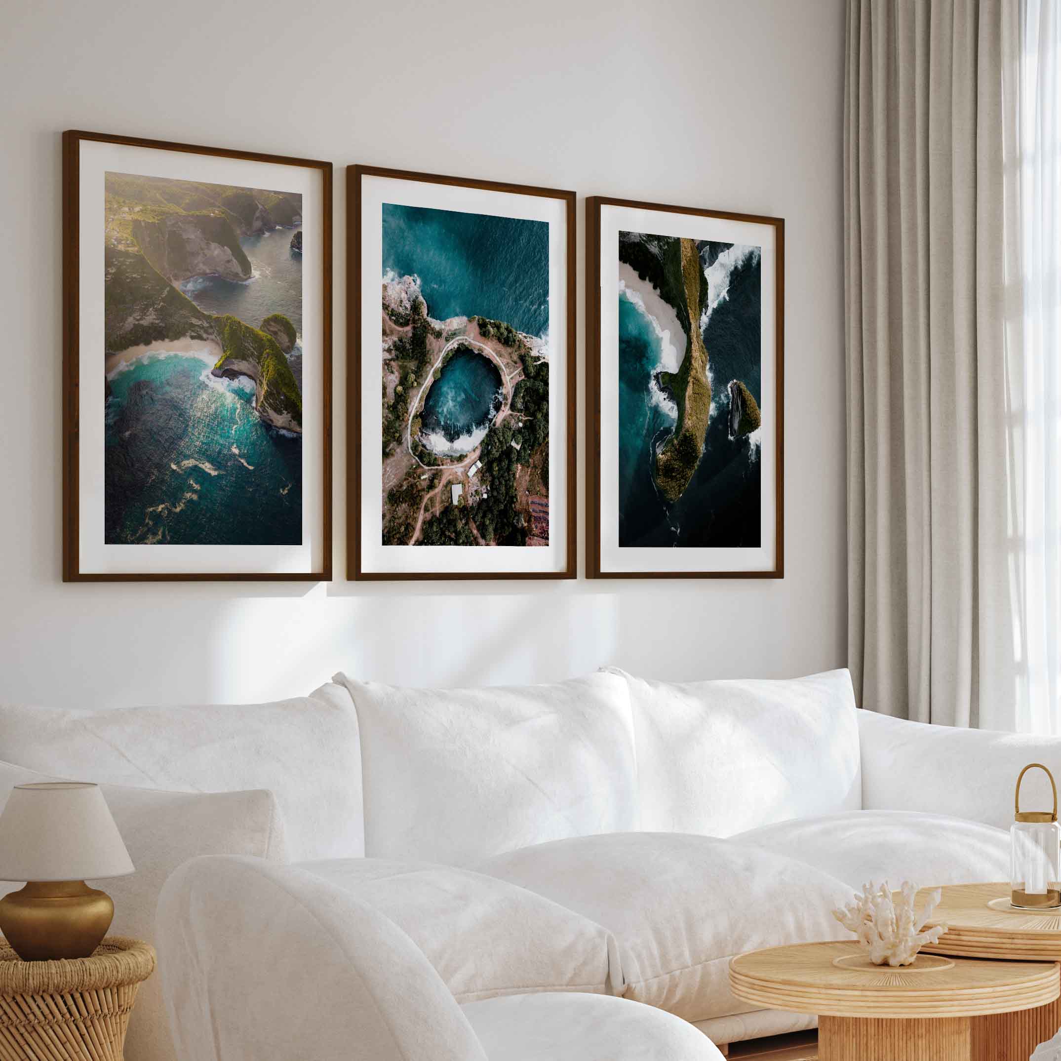 Large Three Piece Wall Art – Aerial View of Coast, Ocean & Lake - Dark Brown Framed Poster with White Border - Artworksets