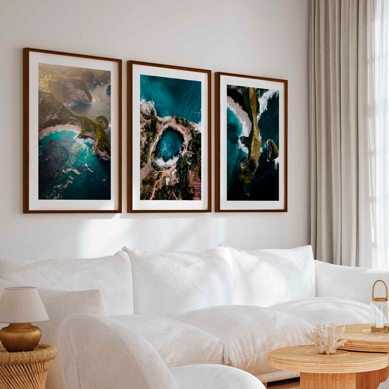 Large Three Piece Wall Art – Aerial View of Coast, Ocean & Lake - Dark Brown Framed Poster with White Border - Artworksets