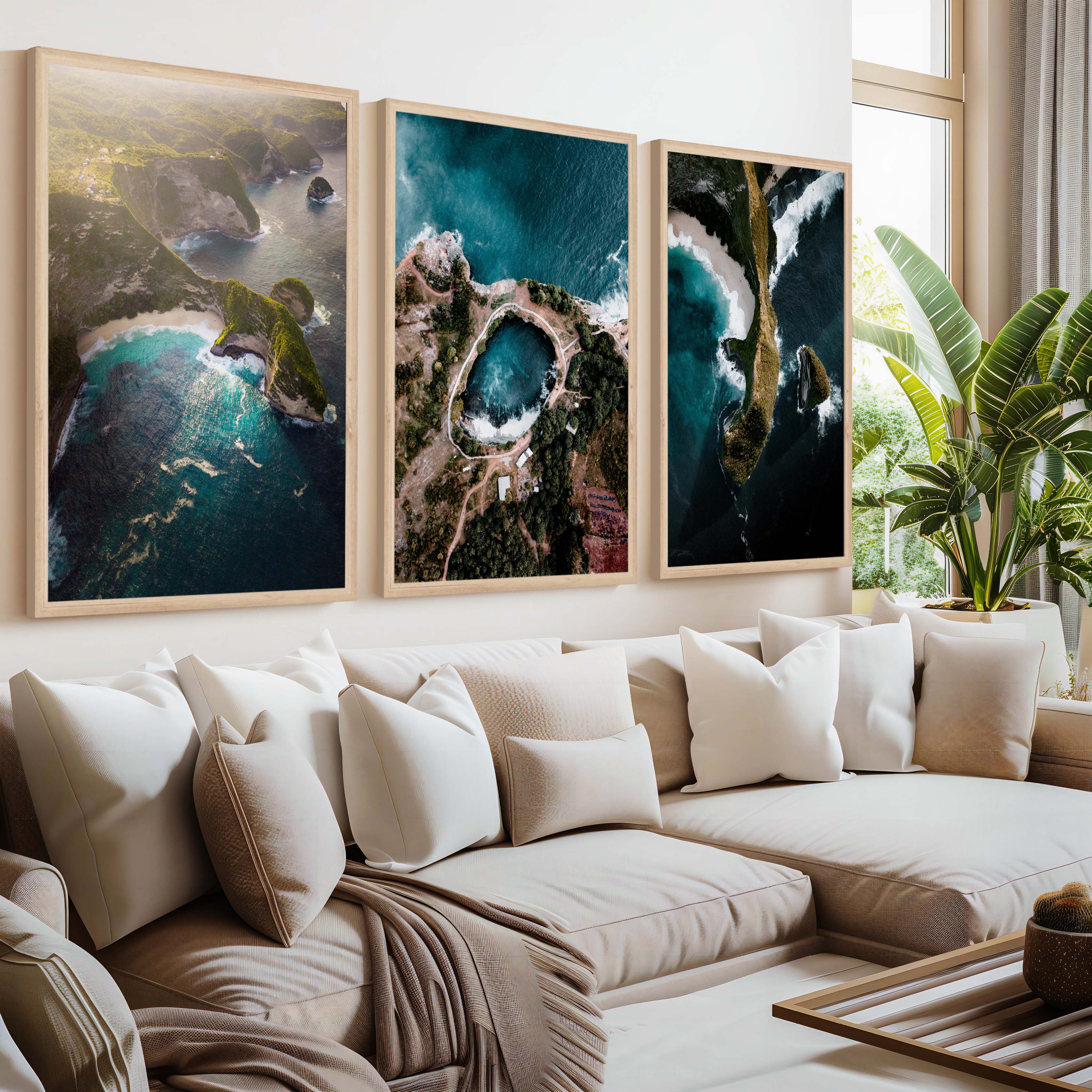 Large Three Piece Wall Art – Aerial View of Coast, Ocean & Lake - Natural Wood Framed Poster No Border - Artworksets